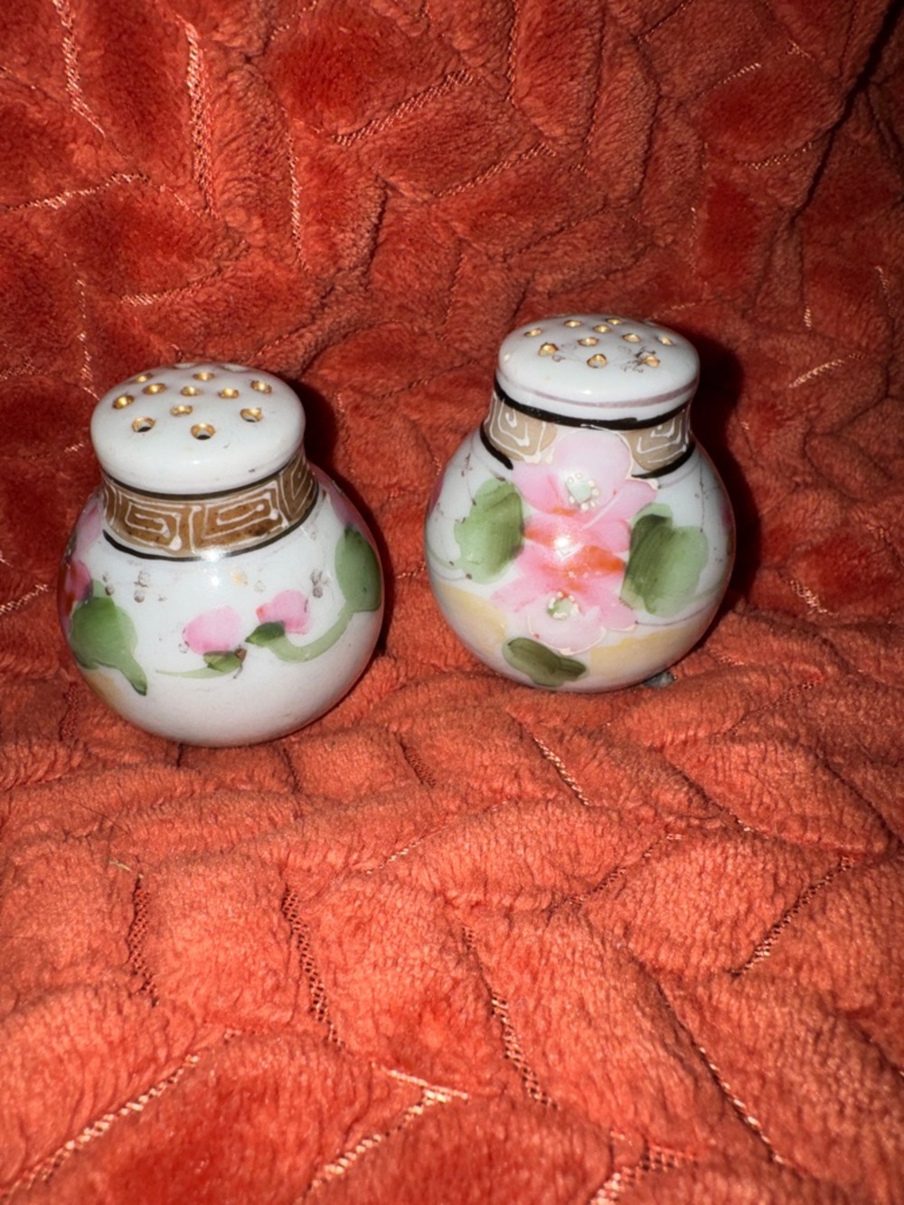 Vintage Hand-Painted Floral Miniature Vases/Shakers - Elegant Gold Trim